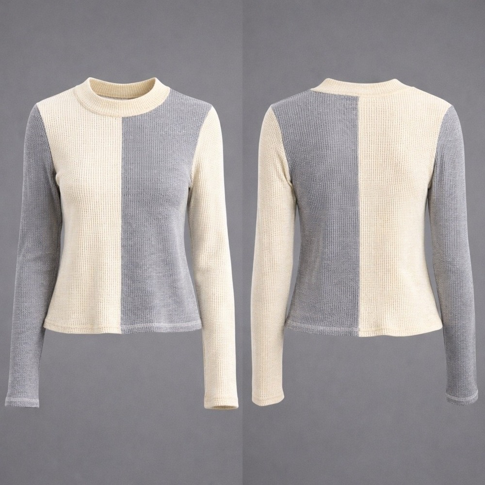 🍁Gilli Women Colorblock Waffle Knit Thermal Top Grey Cream Long Sleeve Size L NE